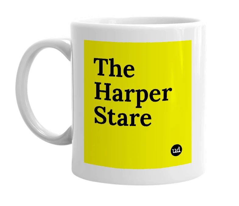 White mug with 'The Harper Stare' in bold black letters