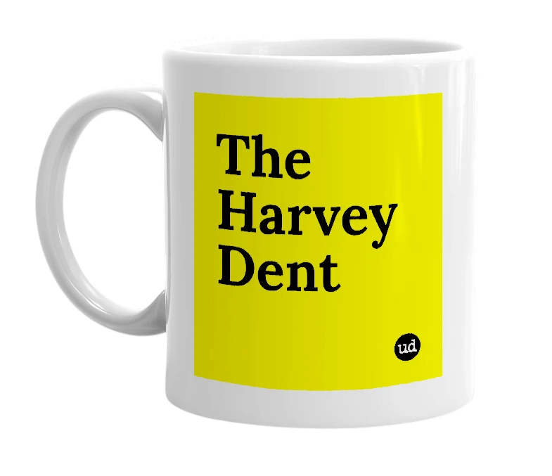 White mug with 'The Harvey Dent' in bold black letters