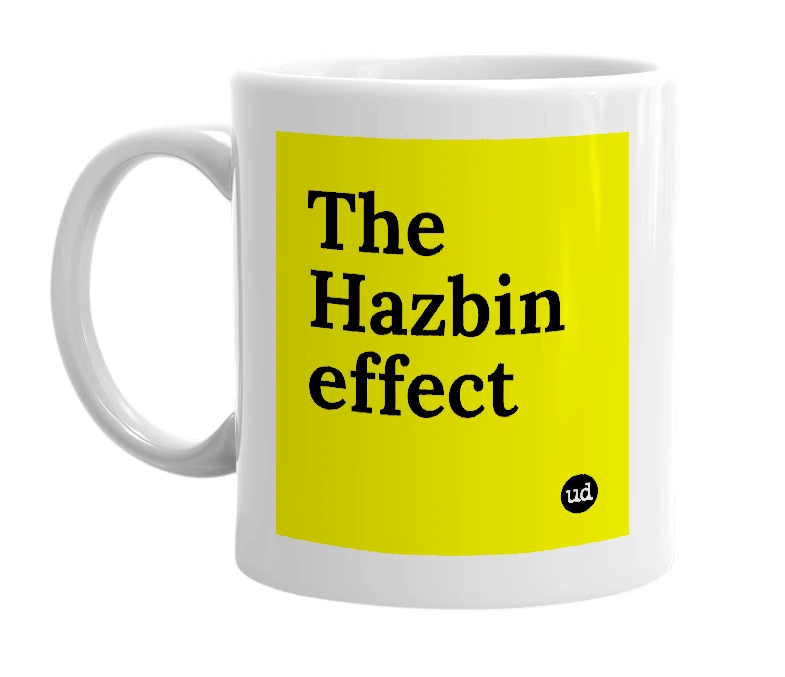 White mug with 'The Hazbin effect' in bold black letters