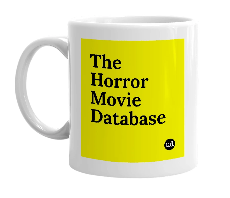 White mug with 'The Horror Movie Database' in bold black letters
