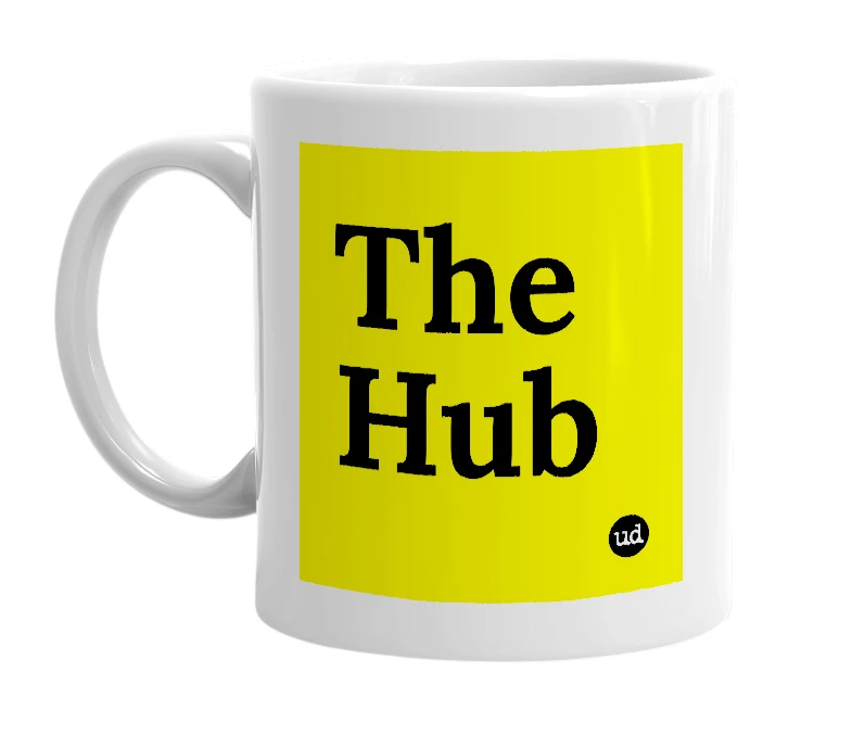 White mug with 'The Hub' in bold black letters