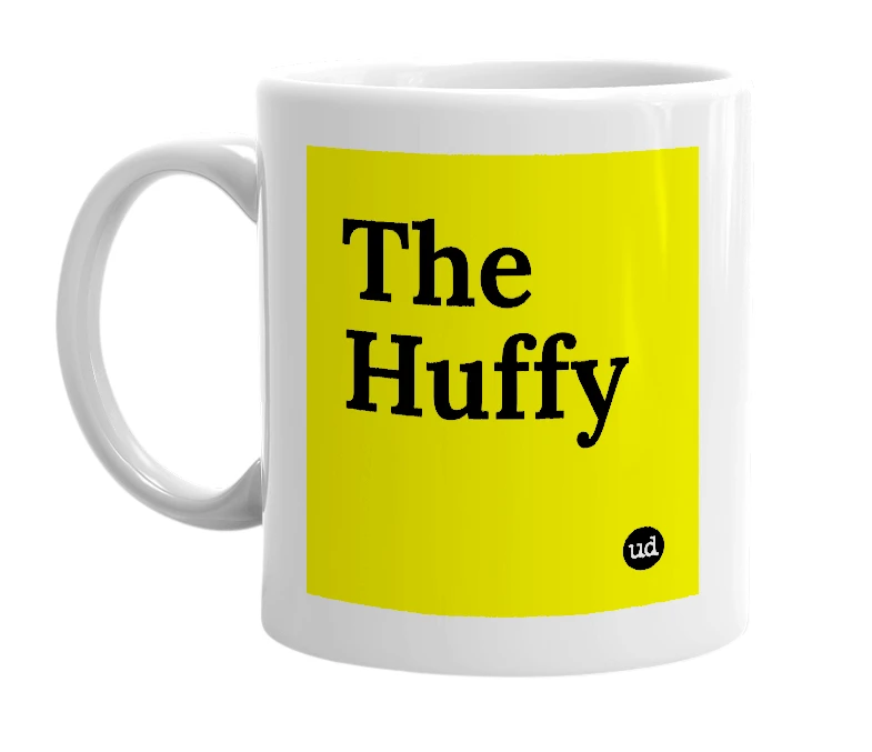 White mug with 'The Huffy' in bold black letters
