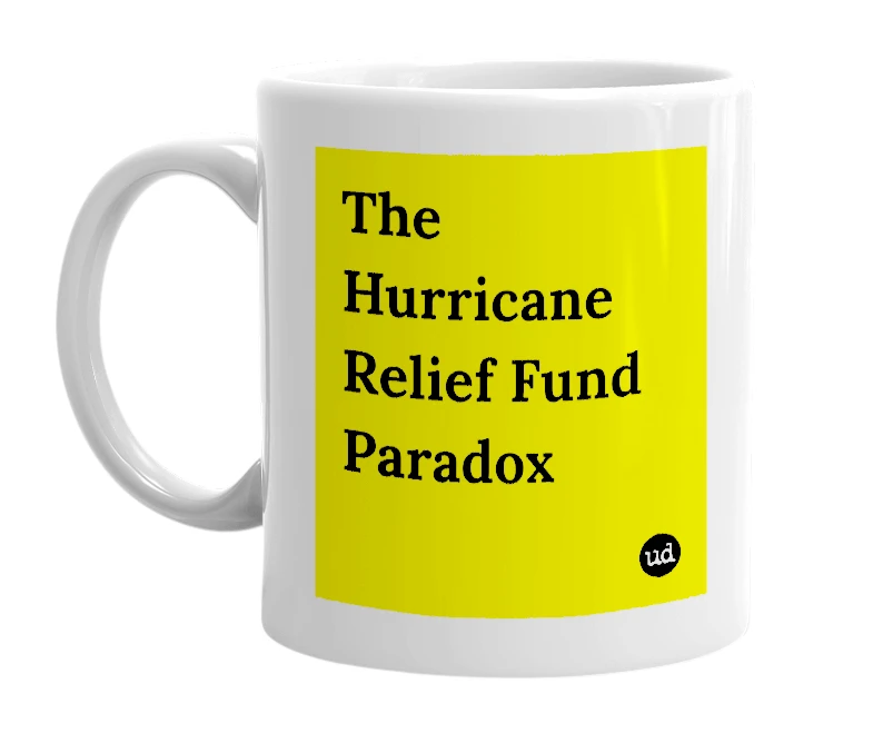 White mug with 'The Hurricane Relief Fund Paradox' in bold black letters