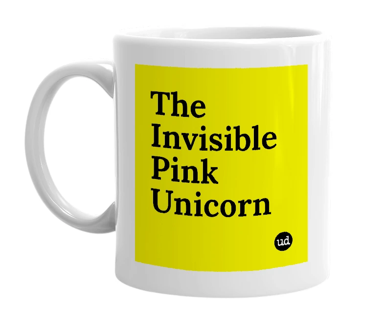 White mug with 'The Invisible Pink Unicorn' in bold black letters