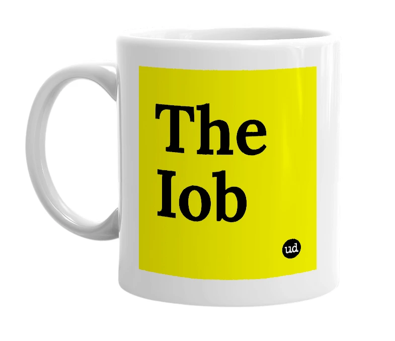 White mug with 'The Iob' in bold black letters