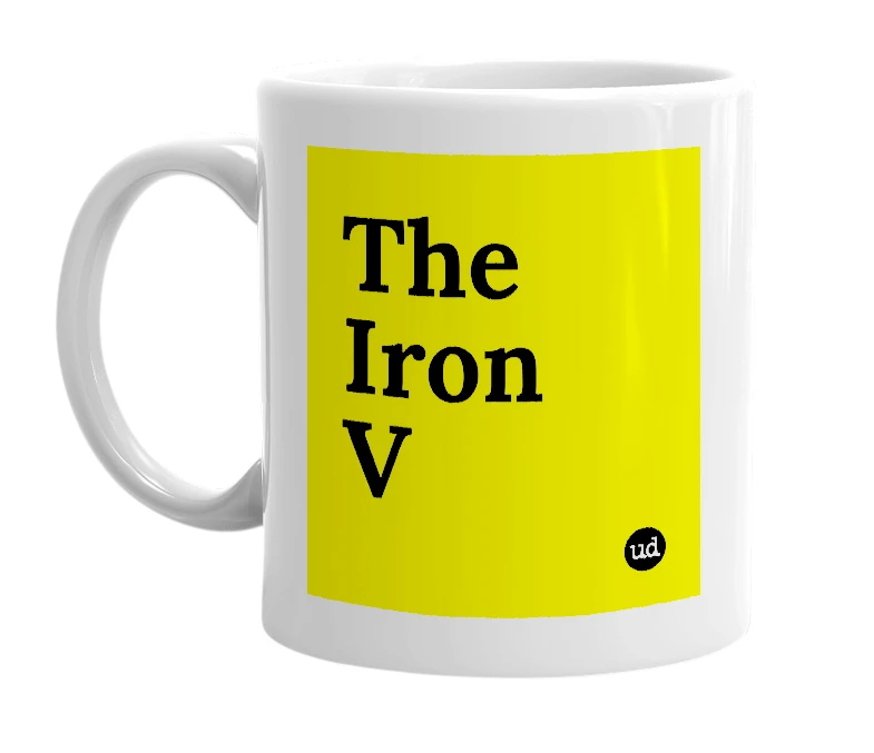 White mug with 'The Iron V' in bold black letters