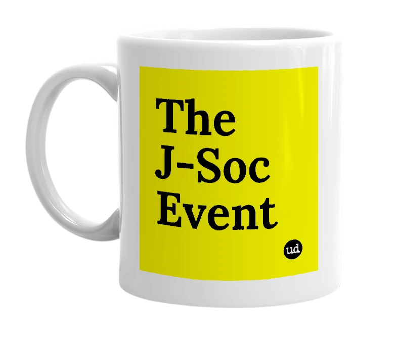 White mug with 'The J-Soc Event' in bold black letters