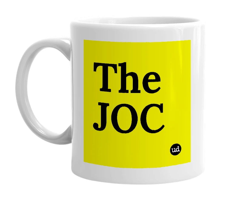 White mug with 'The JOC' in bold black letters