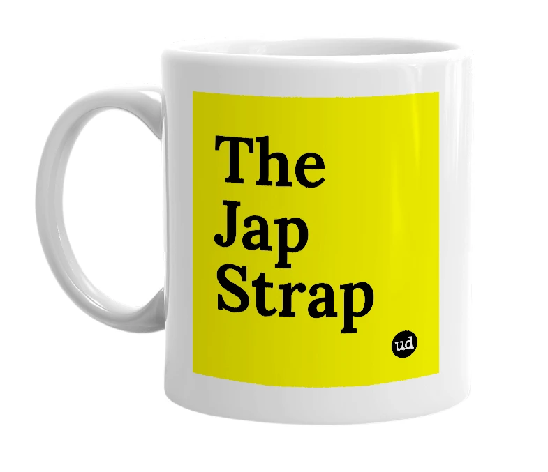 White mug with 'The Jap Strap' in bold black letters