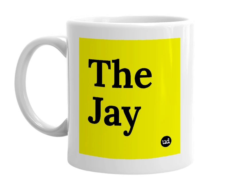 White mug with 'The Jay' in bold black letters