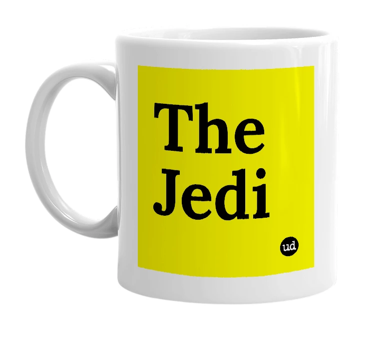 White mug with 'The Jedi' in bold black letters