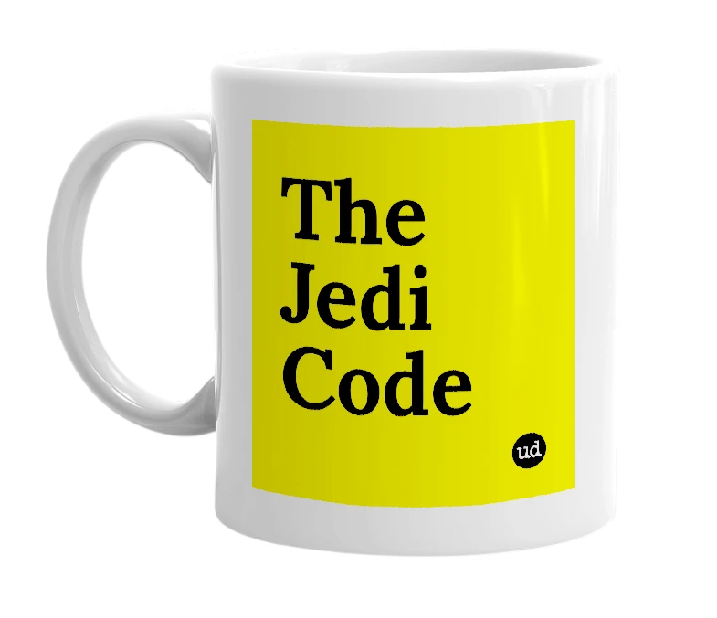 White mug with 'The Jedi Code' in bold black letters