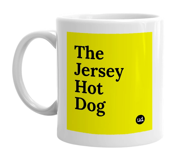 White mug with 'The Jersey Hot Dog' in bold black letters