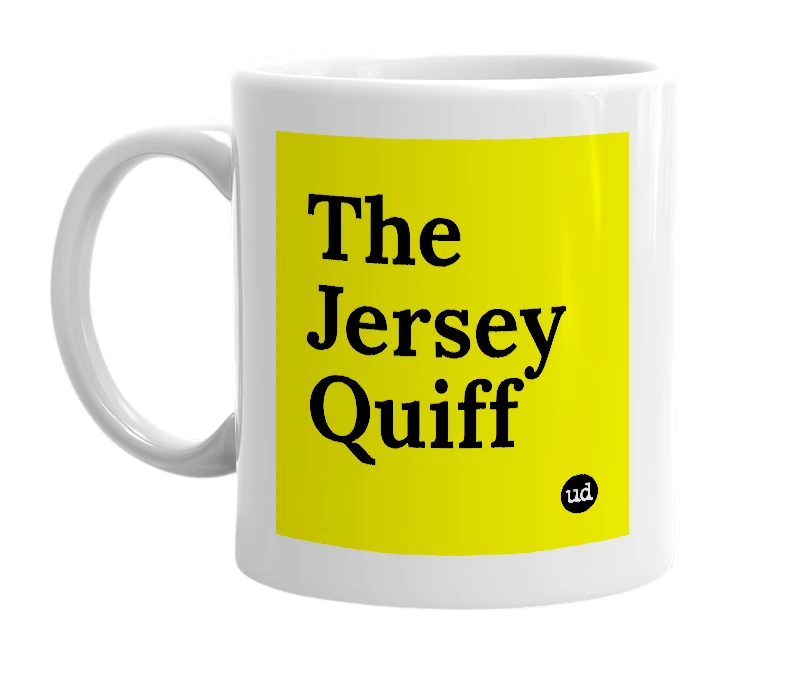 White mug with 'The Jersey Quiff' in bold black letters