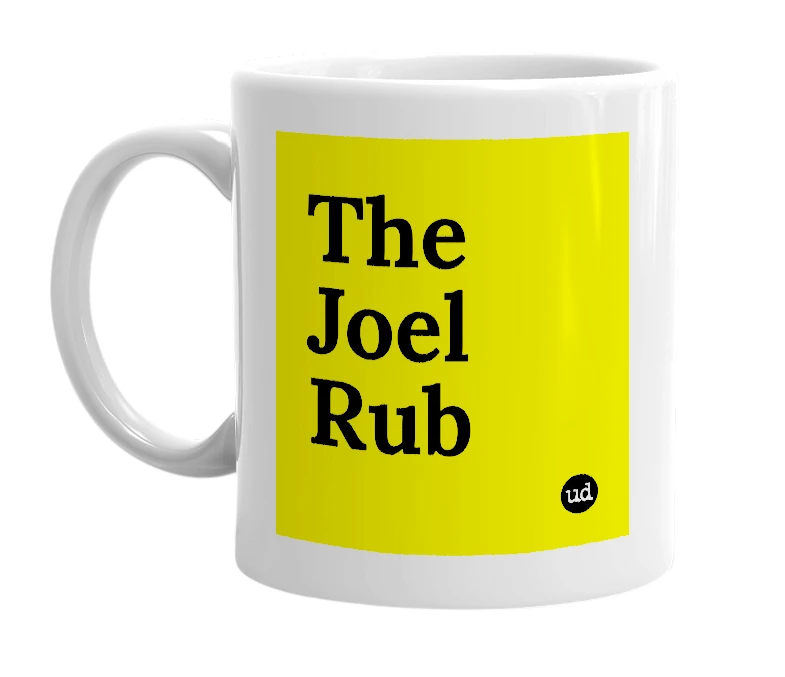 White mug with 'The Joel Rub' in bold black letters