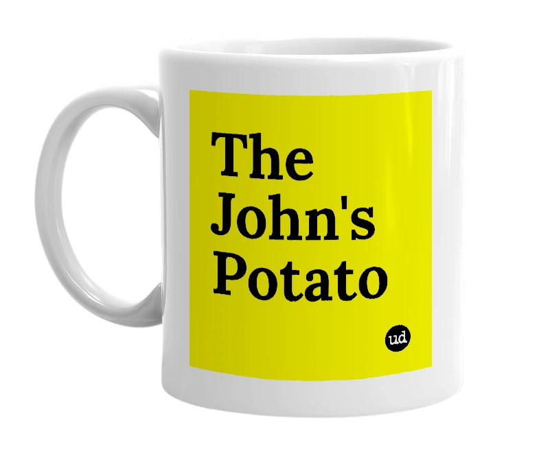 White mug with 'The John's Potato' in bold black letters