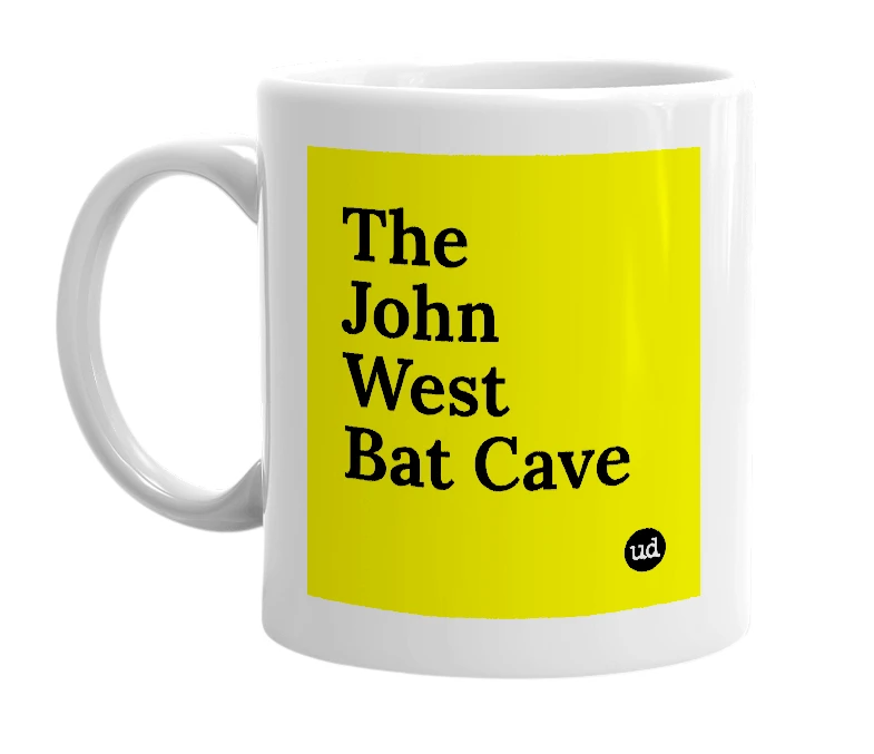 White mug with 'The John West Bat Cave' in bold black letters