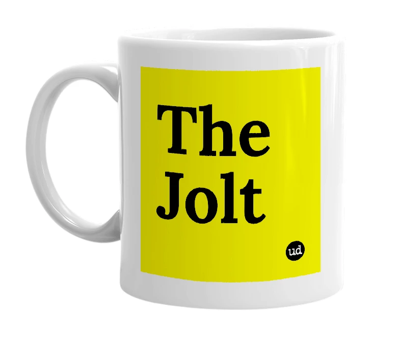 White mug with 'The Jolt' in bold black letters