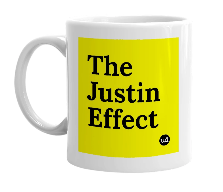 White mug with 'The Justin Effect' in bold black letters