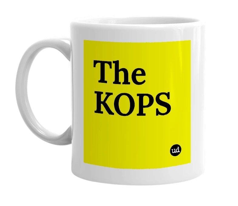 White mug with 'The KOPS' in bold black letters