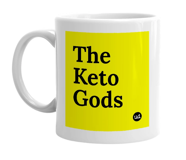 White mug with 'The Keto Gods' in bold black letters