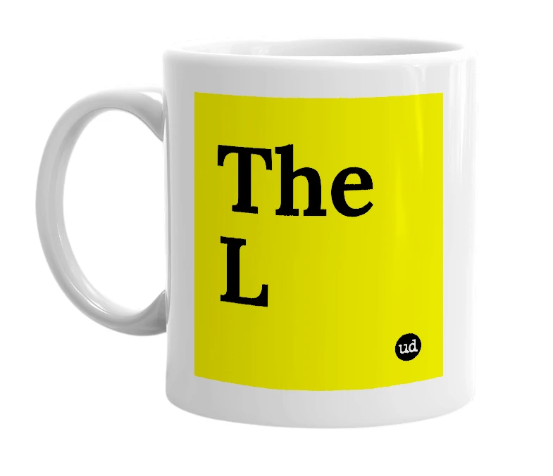 White mug with 'The L' in bold black letters