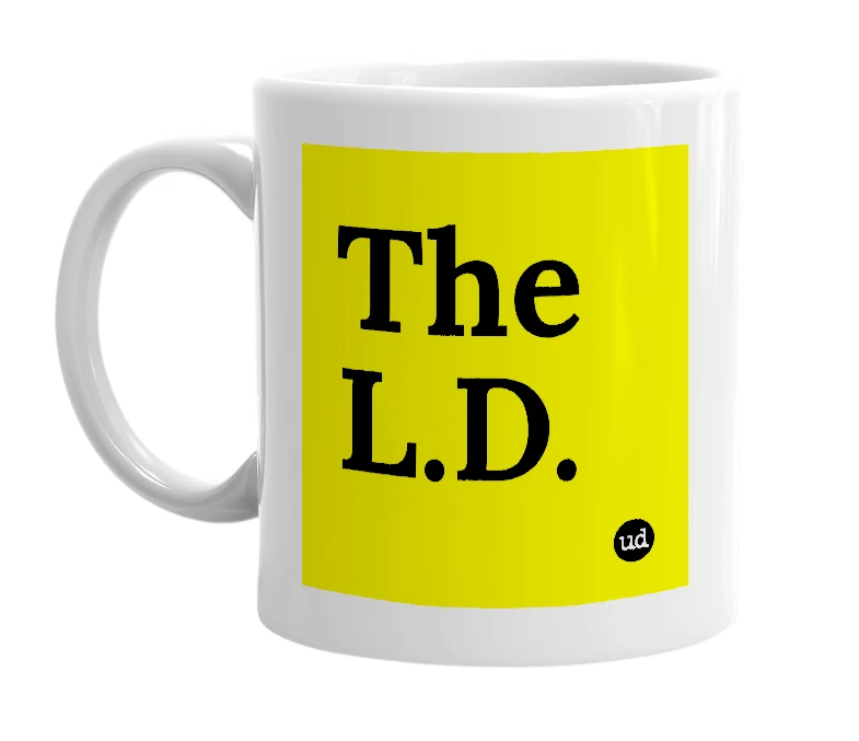 White mug with 'The L.D.' in bold black letters