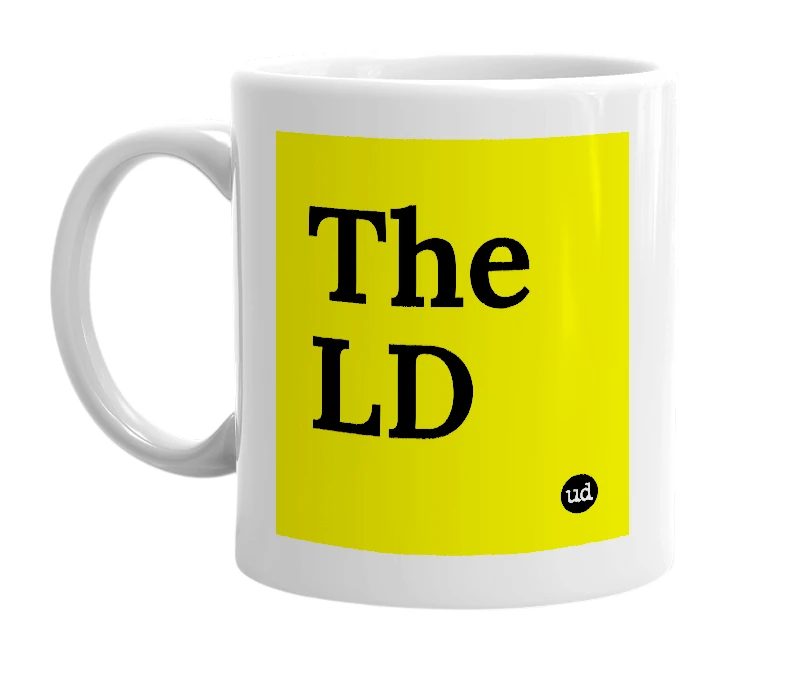 White mug with 'The LD' in bold black letters