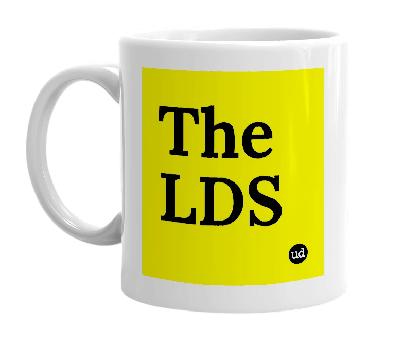 White mug with 'The LDS' in bold black letters