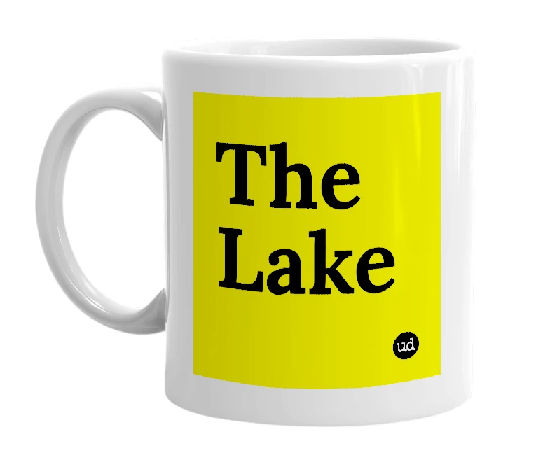 White mug with 'The Lake' in bold black letters