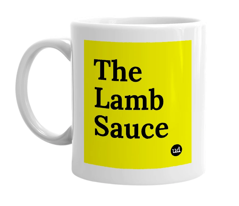 White mug with 'The Lamb Sauce' in bold black letters