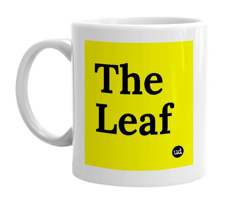 White mug with 'The Leaf' in bold black letters