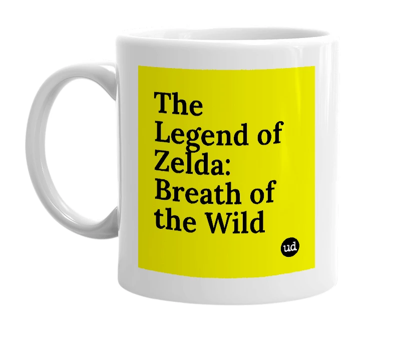 White mug with 'The Legend of Zelda: Breath of the Wild' in bold black letters