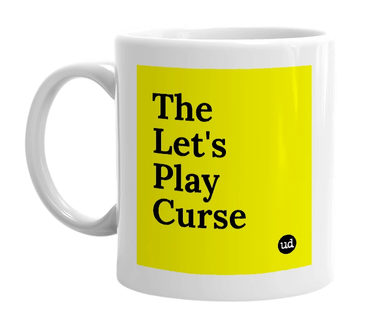 White mug with 'The Let's Play Curse' in bold black letters