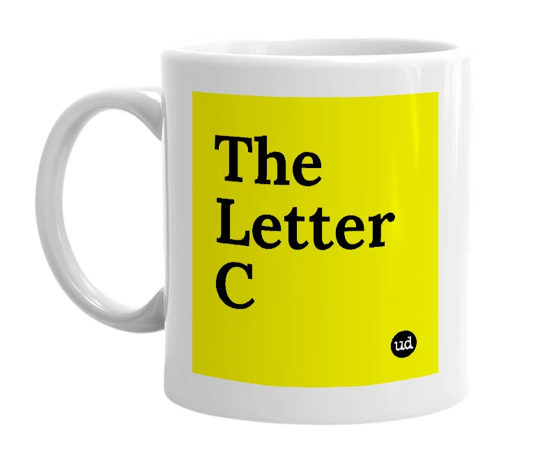 White mug with 'The Letter C' in bold black letters