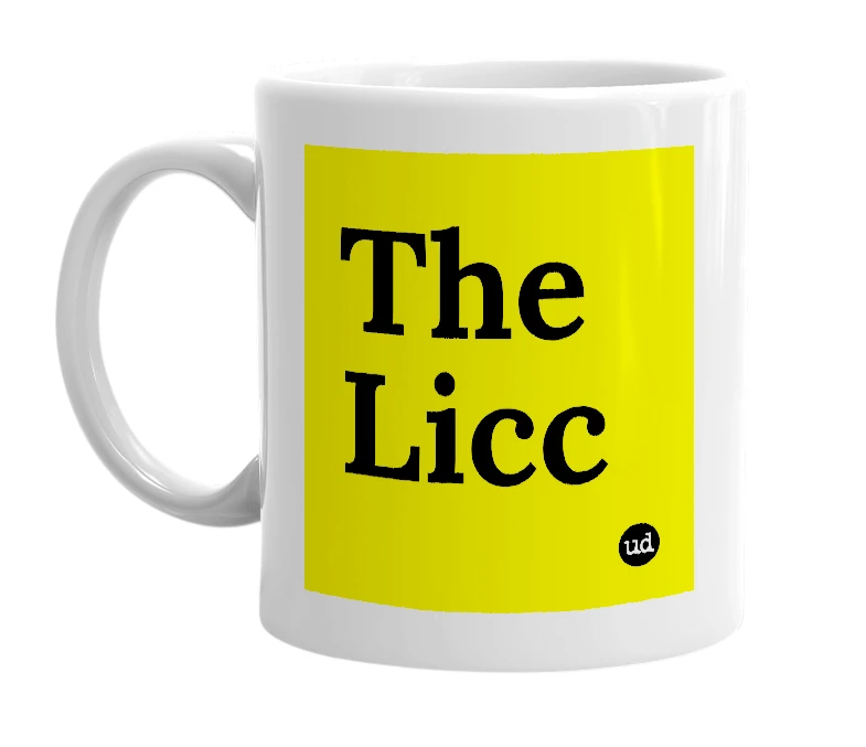 White mug with 'The Licc' in bold black letters