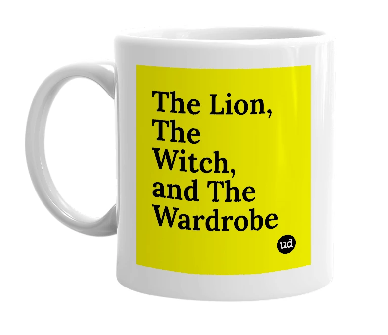 White mug with 'The Lion, The Witch, and The Wardrobe' in bold black letters