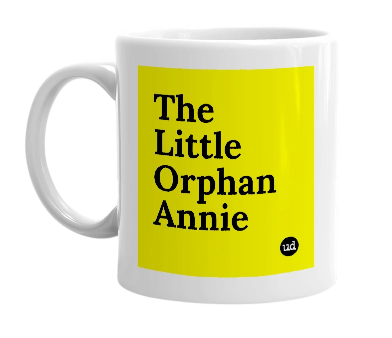 White mug with 'The Little Orphan Annie' in bold black letters