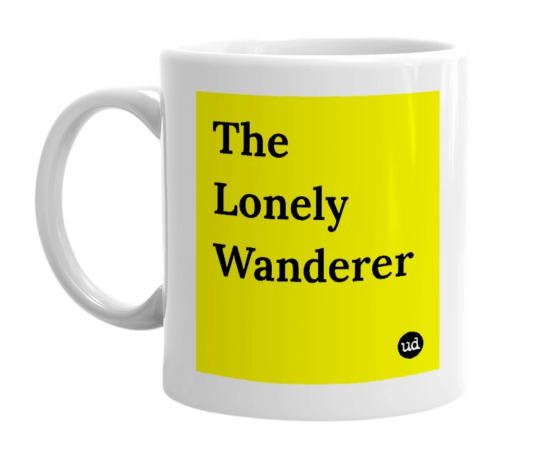 White mug with 'The Lonely Wanderer' in bold black letters
