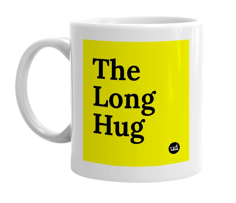 White mug with 'The Long Hug' in bold black letters