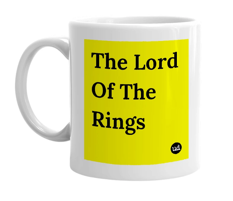 White mug with 'The Lord Of The Rings' in bold black letters