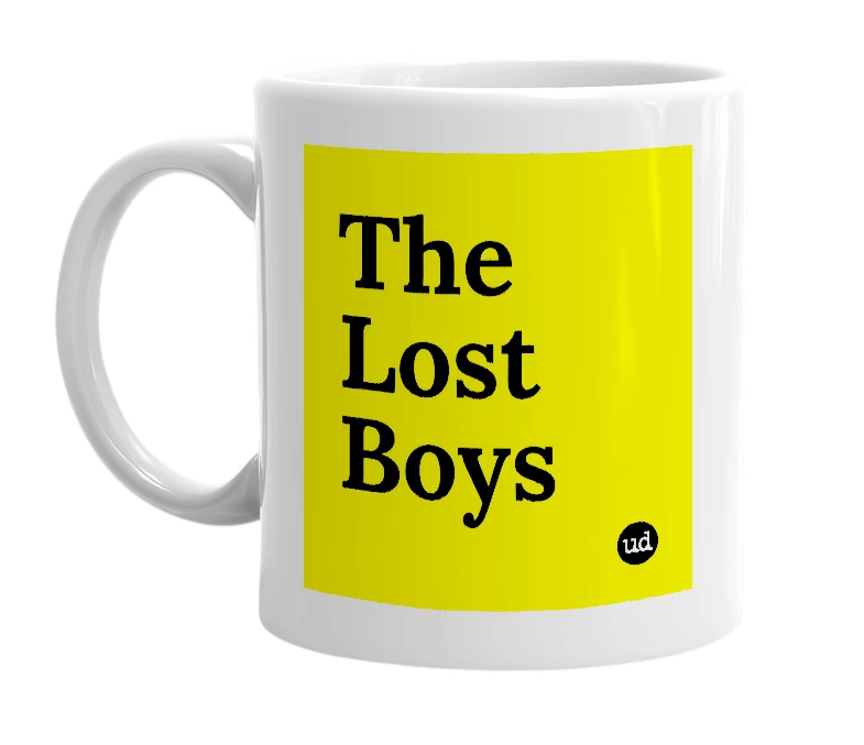 White mug with 'The Lost Boys' in bold black letters