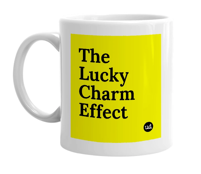 White mug with 'The Lucky Charm Effect' in bold black letters