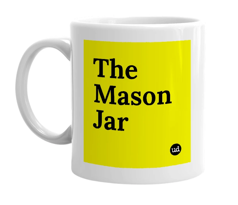 White mug with 'The Mason Jar' in bold black letters