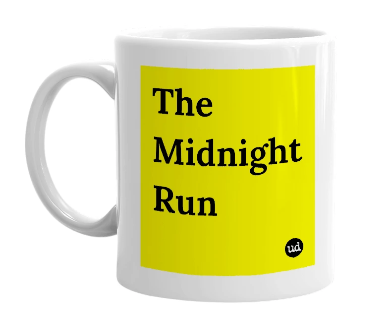 White mug with 'The Midnight Run' in bold black letters