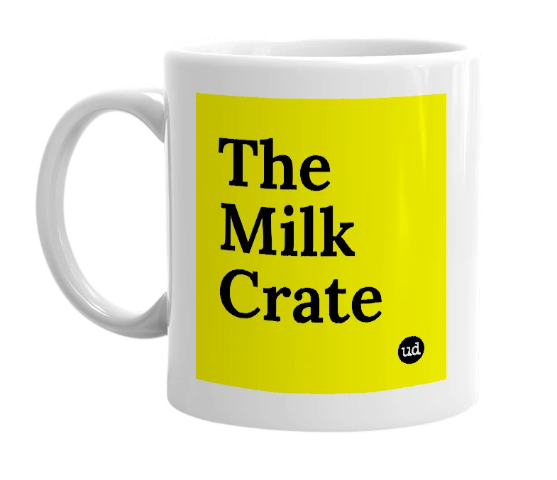 White mug with 'The Milk Crate' in bold black letters