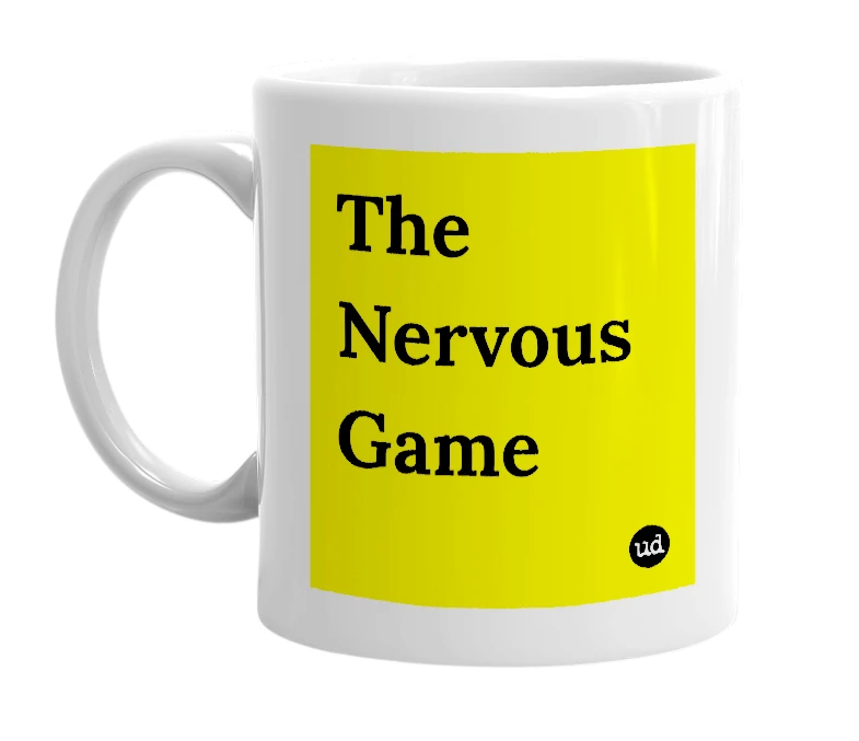 White mug with 'The Nervous Game' in bold black letters