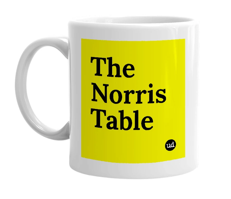 White mug with 'The Norris Table' in bold black letters