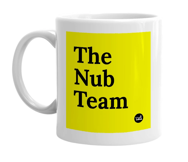 White mug with 'The Nub Team' in bold black letters