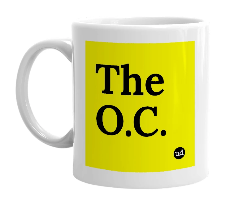 White mug with 'The O.C.' in bold black letters